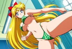 1girls ai_generated alluring bare_legs big_breasts bikini bishoujo_senshi_sailor_moon blonde_hair blue_eyes cathouse_(artist) female kick kicking minako_aino sailor_venus under_boob