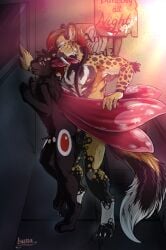 alley anal anal_sex anthro arthropod duo felid from_behind_position genitals hybrid insects lepidopteran male mammal moth penetration penis penis_size_difference pose prehistoric_species saber-toothed_tiger sex smilodon standing standing_sex