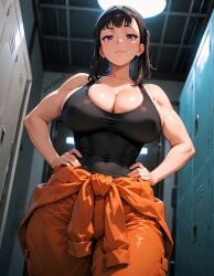 ai_generated cleavage dark_hair fire_force fr34ky huge_breasts maki_oze oze_maki purple_eyes tank_top