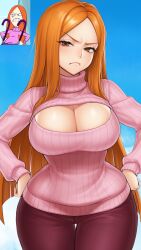 ai_generated anonemus1 background_character background_sky big_breasts cartoon_network cleavage foster's_home_for_imaginary_friends frown frowning frowning_at_viewer fusionfall girls hands_on_hips orange_hair pants reference_image sweater turtleneck_sweater wide_hips