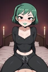 1boy ai_generated bed black_eyes black_pants black_shirt blush breasts bulge candle candlestand cartoon_network collarbone cowgirl_position erection female green_hair green_lips gwen_(tdi) hairband indoors lipstick long_sleeves looking_at_viewer makeup male midriff navel on_bed pants pillow pov shirt short_hair sitting_on_person smile solo_focus straddling straight sweat