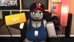 1girls 3d bra breasts cap cleavage freckles gloves grey_skin holding_object holding_phone looking_at_viewer nearlyepoint phone phone_screen roblox roblox_avatar robloxian rubensim rule_63 tagme temu youtube youtuber