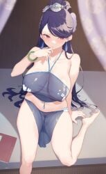absurdres bangle barefoot blurry blurry_foreground bracelet cloba closed_mouth collarbone commentary covered_nipples earrings feet floral_print hair_ornament hand_up high_ponytail highres jewelry kusuriya_no_hitorigoto lihua_(kusuriya_no_hitorigoto) long_hair looking_at_viewer navel pelvic_curtain ponytail purple_hair pussy red_eyes see-through_clothes sitting swept_bangs tassel tassel_earrings thighs very_long_hair