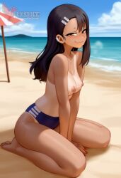 1girls 2d ai_generated areolae ass back bare_shoulders beach big_ass bikini bikini_pull black_hair blue_bikini blue_eyes brown_eyes competition_swimsuit dark_skin dark_skinned_female day erophoenix female female_focus full_body hairclip hayase_nagatoro jewelry long_hair looking_at_viewer ocean one-piece_swimsuit one-piece_tan outdoors patreon_username please_don't_bully_me,_nagatoro pointy_ears sitting skin_fang sky small_breasts smile solo swimsuit tan tan_body tan_lines tanline thick thick_thighs uncensored