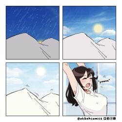 4koma artist_self-insert breasts brown_hair comic covered_nipples large_breasts long_hair no_bra ok_bah_comics perky_breasts silent_comic t-shirt waking_up yawn
