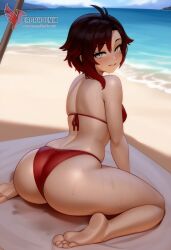 1girls 2d ai_generated ass back barefoot beach beachball big_ass big_breasts bikini black_bikini day erophoenix feet gradient_hair looking_at_viewer looking_back multicoloured_hair nipple_slip nipples outdoors pale_skinned_female patreon_username red_hair ruby_rose rwby short_hair sitting sky smile soles solo swimsuit two-tone_hair umbrella uncensored