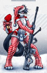 absurd_res animal_genitalia anthro armwear balls clothing digitigrade felid feline footprint fully_sheathed genitals gun hat headgear headwear hi_res legwear male mammal pawprint ranged_weapon rifle sheath sniper_rifle snow solo standing stockings tail tekkymunster weapon