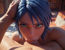 1girl1boy ai_generated aqua_(kingdom_hearts) blowjob blue_eyes blue_hair deepthroat eye_contact fellatio female kingdom_hearts male pov pov_eye_contact
