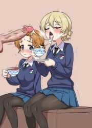 1boy 2girls black_pantyhose blue_eyes blue_skirt blue_sweater blush braid brown_background censored closed_eyes closed_mouth cum cum_in_mouth cum_string cup darjeeling ejaculation erection girls_und_panzer gokkun highres hippo_power holding holding_cup miniskirt mosaic_censoring multiple_girls nape_braid open_mouth orange_hair orange_pekoe pantyhose penis pleated_skirt school_uniform simple_background sitting skirt st._gloriana's_school_uniform straight sweater tea teacup tongue tongue_out