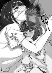 1boy 2girls absurdres blush erection greyscale gridman_universe hassu highres long_sleeves male_pubic_hair mask mask_lift monochrome mouth_mask multiple_girls penis pubic_hair saliva saliva_on_penis saliva_trail scrunchie shirt short_sleeves ssss.gridman straight surgical_mask takarada_rikka taotao uncensored watching wrist_scrunchie