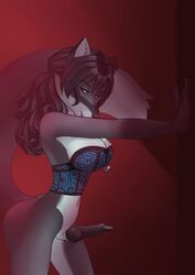 1futa anthro black_hair black_penis blue_eyes bottomless canine corset dickgirl fionafortunecookie fox fur furry futanari hair intersex navel necklace open_eyes pendant penis plain_background raishi red_background solo_futa