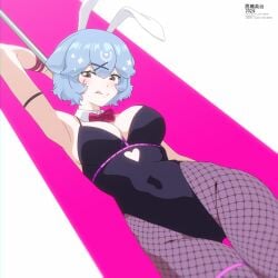 :q animal_ears armpits ass_visible_through_thighs bao_(vtuber) bare_shoulders black_leotard blue_hair bow bowtie breasts bunny_ears bunny_girl bunnysuit covered_navel cowboy_shot detached_collar eyebrows_visible_through_hair fake_animal_ears female fishnet_legwear fishnets large_breasts leotard looking_at_viewer medium_breasts pantyhose pink_background red_bow red_eyes short_hair simple_background smile solo standing strapless tongue tongue_out