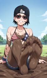 aged_up ai_female ai_generated ass backwards_baseball_cap barefoot bigmic145 bikini black_hair boruto:_naruto_next_generations breasts cap cosplay dirty_feet female female_only foot_fetish grand_theft_auto grand_theft_auto_vi jean_shorts jorts medium_breasts mud mud_girl_(gta_vi) mud_pit muddy muddy_feet naruto naruto_(series) navel sarada_uchiha shades shorts soles sunglasses tease teasing tinted_eyewear toes
