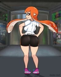 1girls ass backboob big_ass big_breasts breasts busty clothed dodo-bot fat_ass female female_only inkling inkling_girl kaori_(splatoon) long_hair looking_back nintendo orange_eyes orange_hair shorts solo splatoon tentacle_hair thick_thighs white_shirt wide_hips