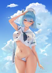 absurdres anchor_earrings arm_up ascot bikini blue_ascot blue_bikini blue_eyes blue_hair blue_nails blue_sky breasts cloud cloudy_sky earrings female hat highres jewelry large_breasts looking_at_viewer micro_bikini nail_polish nankam76 navel original parted_lips sailor_collar sailor_hat salute see-through_clothes see-through_shirt shirt short_hair side-tie_bikini_bottom sky smile solo standing strap striped_bikini striped_clothes swimsuit underboob white_sailor_collar white_shirt