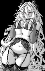 arknights bare_shoulders blush breasts breasts_squeezed_together choker cowboy_shot elbow_gloves female fingerless_gloves furauji garter_belt gloves greyscale hair_between_eyes heart horns large_breasts long_hair looking_at_viewer monochrome navel nipples parted_lips plump simple_background solo spot_color theresa_(arknights) thighhighs underwear underwear_only very_long_hair