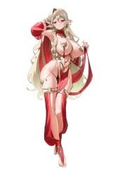 absurdres armpits bare_shoulders barefoot blonde_hair blush breasts chochomi closed_mouth commentary_request commission dancer earrings elf female full_body harem_outfit highleg highres huge_breasts jewelry long_hair looking_at_viewer navel original pasties pixiv_commission pointy_ears red_eyes revealing_clothes see-through_clothes simple_background smile solo standing very_long_hair