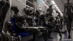 assimilation curvy curvy_female female fetish group justjamsart living_latex metro public sack train transformation