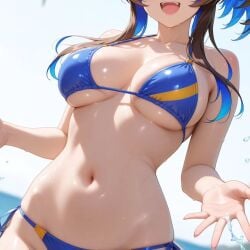 2025 ai_generated beach belly blue_and_yellow blue_bikini blue_hair_female brown_and_blue_hair brown_hair_female evil_grin evil_smile grinning_at_viewer instagram looking_at_viewer meta not_porn open_mouth smile_at_viewer smiling_at_viewer splashing_water ten01c tummy unknown_character wet_bikini wet_body wet_skin yellow_bikini