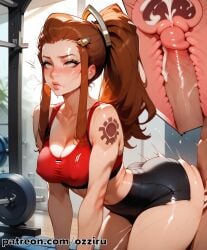 1boy 1boy1girl absurd_res ai_generated bent_over blizzard_entertainment brigitte brown_eyes brown_hair cross_section cum cum_inside cumshot doggy_style female gym gym_clothes hi_res highres male male/female muscles muscular muscular_female overwatch overwatch_2 ozziru patreon ponytail revealing_clothes self_upload sex straight uncensored uterus x-ray