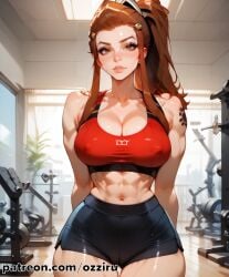 absurd_res ai_generated blizzard_entertainment brigitte brown_eyes brown_hair female gym gym_clothes hi_res highres muscles muscular muscular_female overwatch overwatch_2 ozziru patreon ponytail revealing_clothes self_upload uncensored
