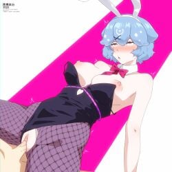 1boy animal_ears bao_(vtuber) black_leotard blue_hair blush bunny_boy bunny_ears bunnysuit detached_collar fake_animal_ears female fishnet_legwear fishnets leotard leotard_aside nipples pantyhose pink_background short_hair solo_focus torn_clothes torn_legwear