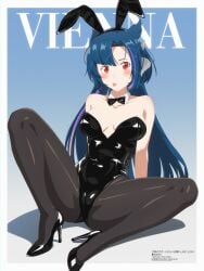 animal_ears bare_shoulders black_bow black_footwear black_legwear black_leotard black_neckwear blue_hair blush bow bowtie breasts bunny_ears bunny_girl bunnysuit character_name cleavage detached_collar fake_animal_ears female high_heels leotard long_hair looking_at_viewer medium_breasts pantyhose red_eyes shiny shiny_clothes solo spread_legs strapless strapless_leotard vienna_(vtuber) wrist_cuffs