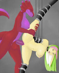 2girls anthro bondage bound breasts deathlight dickgirl dragon female flexible fur furry futa_on_female futanari intersex interspecies lagomorph leather leg_lift leg_up penis pussy rabbit sex sideways_standing_congress splits suspension testicles vertical_splits water