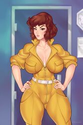 ange1witch april_o'neil april_o'neil_(tmnt_1987) breasts brown_hair cleavage female fully_clothed hands_on_hips jumpsuit large_breasts short_hair teenage_mutant_ninja_turtles