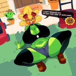 1girls anthro anthrofied ass big_breasts breasts breasts chicharito cleavage dialogue female flora_fauna freckles hotpants lawn mckeyes outdoors outside peashooter_(pvz) plant plant_girl plant_humanoid plantie plants_vs._zombies plants_vs_zombies popcap_games pussy solar_flare_(pvz) spread_legs spreading sunflower_(pvz) text thick_thighs thighhighs thighs tight_clothing