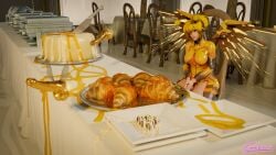 1futa 3boys 3d 3d_(artwork) activision alternate_costume alternate_hair_color alternate_hair_ornament alternate_hairstyle alternate_wings angela_ziegler artist_name bee blizzard_entertainment bread buffet croissant food futanari honey honey_(food) honey_bee honey_bee_mercy intersex kaepora_(artist) mercy overwatch overwatch_2 penis penis_creature png restaurant watermark