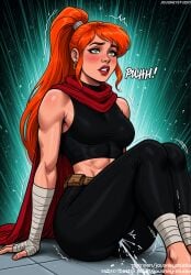 abs ai_generated arm_support artemis_(dc) artemis_of_bana-mighdall bandaged_arm bare_shoulders black_pants blush breasts cape clothing crop_top dc dc_comics earrings english_language english_text feet female female female_ejaculation female_only green_eyes jewelry jousneystudio knees_up large_breasts lips long_hair makeup medium_breasts midriff muscle muscular muscular_female navel orange_hair pants parted_lips ponytail red_cape red_hair red_scarf scarf sitting solo sweat teeth text thighs trembling wonder_woman_(series)