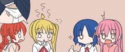 4girls blonde_hair blue_hair blush bocchi_the_rock! brown_background chibi chikan commentary_request embarrassed fingering flying_sweatdrops gotoh_hitori hand_in_panties hippo_power ijichi_nijika image_in_speech_bubble kita_ikuyo long_hair molestation multiple_girls panties pink_hair red_hair short_hair side_ponytail simple_background surprised thumbs_up underwear yamada_ryo