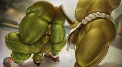 ass ass_focus background bara bara_tits bending_over body_hair diocturn fundoshi gay gay_domination gym hairy hairy_male leaking leaking_precum loincloth loincloth_bulge male/male male_only oc orc orc_male paddle precum precum_drip precum_on_face red_ass spanking sweat sweatdrop
