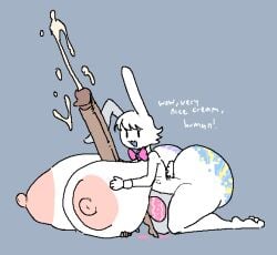 ass balls breasts cum easter easter_bunny female hand_on_breast huge_ass huge_balls human hyper hyper_penis larger_female lewdicrousart male paint paizuri penis rabbit size_difference smaller_male text