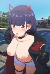 akuma_nihmune bangs black_jacket blue_sky blush breasts building choker city cityscape collar collarbone day earrings exhibitionism eyebrows_visible_through_hair female fur_trim gloves horns jacket jewelry large_breasts long_hair looking_at_viewer nail_polish navel nipples open_mouth outdoors phone photo_background public_nudity purple_hair red_eyes short_shorts shorts solo_focus tongue tongue_out weapon