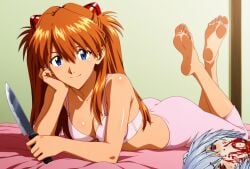 2girls ass asuka_langley_sohryu bare_legs bare_shoulders barefoot bed bedroom beheaded best_girl blood blood_stain blue_eyes blue_hair breasts cheerful crossed_legs death enjoying excited feet feet_up female foot_fetish foot_focus ginger ginger_hair gore hair_ornament happy happy_girl hips killing knife kuudere leggings legs long_hair looking_at_viewer lying medium_breasts neon_genesis_evangelion on_stomach open_smile orange_hair pink_bra pink_leggings pink_pants red_eyes red_hair redhead_female rei_ayanami relaxing sexy_pose shiny_skin short_hair showing_feet smile smiling smiling_at_viewer soles teasing teenage_girl teenager the_pose toes tsundere violence winner