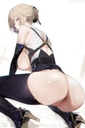 anus ass bangs bare_shoulders black_gloves black_legwear blush boots braid breasts breasts_outside censored elbow_gloves female gloves high_heel_boots high_heels large_breasts looking_at_viewer nipples no_panties pussy pussy_juice solo squatting sweat tagme thighhighs thighs