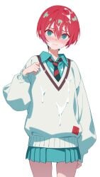 @_@ absurdres amate_yuzuriha arasaka_inu blush bob_cut closed_mouth collared_shirt commentary cowboy_shot cum cum_on_body cum_on_clothes cum_on_hair facial female green_eyes green_skirt grey_sweater gundam gundam_gquuuuuux highres long_sleeves looking_at_viewer necktie pleated_skirt red_hair school_uniform shirt short_hair simple_background skirt solo striped_necktie sweater symbol-only_commentary wavy_mouth white_background