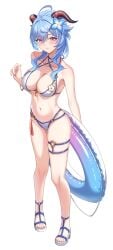1girls 2d 2d_(artwork) accurate_body_type alternate_costume artist_request bikini bikini_bottom blue_bikini blue_bikini_bottom blue_bikini_top blue_hair blush bra cleavage covered_nipples female female_focus female_only flower flower_in_hair front_view full_body ganyu_(genshin_impact) genshin_impact high_resolution highres holding_object horns light-skinned_female light_skin looking_at_viewer medium_breasts object pink_nails sandals short_hair simple_background slim_girl smiling smiling_at_viewer solo solo_female solo_focus standing swimsuit thong thong_bikini two_piece_swimsuit white_background white_bikini white_bikini_bottom white_bikini_top white_swimsuit young younger_female