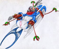 2013 anus avian bird blue_feathers bondage bondage bound lying male nude on_back penis solo spread_legs spreading windpaw wings