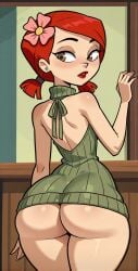 ai_generated ass backless_outfit bare_shoulders brown_eyes dress earrings female flower from_behind hair_flower hair_ornament indoors jewelry looking_back medium_hair meme_attire pink_flower red_hair red_lips short_twintails solo thick_thighs thighs twintails virgin_killer_sweater wide_hips zoey_(tdi)
