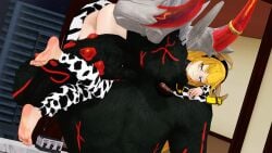 1boy 1girls blonde_female blonde_hair carrying carrying_another cow_ears cow_horns cow_print cow_print_bikini grimm_(rwby) indrick_[artist] long_hair long_hair_female minotaur monster monster_boy purple_eyes robotic_arm rwby yang_xiao_long
