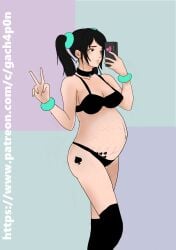 abortion_mark big_belly bra collar cum cum_in_pussy dark_hair female gach4p0n ling_xiaoyu lingerie panties ponytails pregnant queen_of_spades simple_background smartphone stretch_marks tattoo tattoo_on_belly tattoo_on_legs tekken thighhighs v_sign wristband