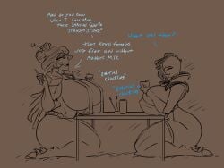 2girls 4_fingers alien alien_girl alien_humanoid asian_clothing big_ass big_breasts breasts_bigger_than_head chuckling cup drinking drinking_tea english english_text ethereal_(warhammer) fancy_clothing female giggling hooves jakearmorsmith japanese_clothes laughing revealing revealing_clothes sitting sitting_on_knees skimpy skimpy_clothes table tau tea text thick_thighs warhammer_(franchise) warhammer_40k wide_hips