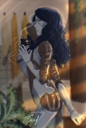 2d 4_arms accurate_body_type artist_signature blue_body blue_hair doll elden_ring female female_only mirror_selfie naked_female non-human nude_female ranni_the_witch selfie selfie_pose shizu_miro smartphone solo solo_female