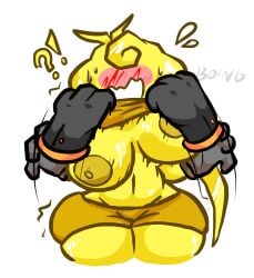 big_breasts bow_(weapon_ball_battles) breasts exposed_breasts gloves moyopoto3 notmoyo pulling_up_shirt surprised weapon_ball_battles wide_hips wrench_(weapon_ball_battles) yellow_skin