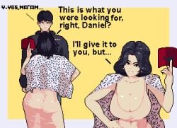 1boy 1boy1girl 1girls back_view baldur_89 big_ass big_breasts black_eyes black_hair cleavage dress fat_ass front_view huge_ass jacket milf older_female older_female_and_younger_male pixel_(artwork) pixel_art pov pov_eye_contact pov_male smile smiling smiling_at_viewer smirk standing thick thick_ass thick_hips thick_thighs tight_clothes tight_clothing tight_dress