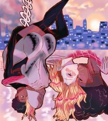 blonde_hair city grandarcch gwen_stacy_(spider-verse) interracial kissing kissing_while_penetrated miles_morales romantic romantic_couple spider-gwen spider-man:_into_the_spider-verse upside-down