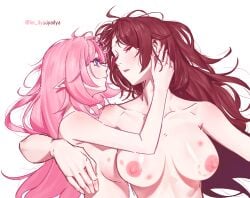 2girls bite_mark bite_mark_on_breast blue_eyes breasts closed_mouth collarbone dyadyadya eden_(honkai_impact) elysia_(honkai_impact) hickey highres honkai_(series) honkai_impact_3rd large_breasts long_hair looking_at_another multiple_girls nipples parted_lips pink_hair pink_pupils pointy_ears red_hair simple_background sleeping smile twitter_username upper_body white_background yuri